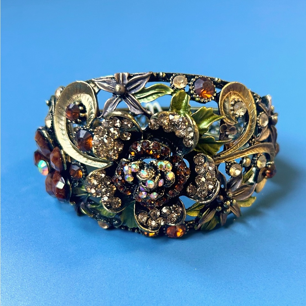 Vintage Haskell-esque Gold Tone Clamper Bracelet Floral Flower Accents
